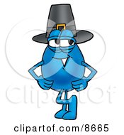 Poster, Art Print Of Water Drop Mascot Cartoon Character Wearing A Pilgrim Hat On Thanksgiving