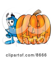 Water Drop Mascot Cartoon Character With A Carved Halloween Pumpkin