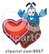 Water Drop Mascot Cartoon Character With An Open Box Of Valentines Day Chocolate Candies