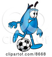 Poster, Art Print Of Water Drop Mascot Cartoon Character Kicking A Soccer Ball