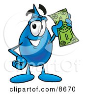 Water Drop Mascot Cartoon Character Holding A Dollar Bill by Mascot Junction