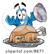 Poster, Art Print Of Water Drop Mascot Cartoon Character Serving A Thanksgiving Turkey On A Platter