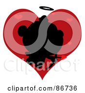Poster, Art Print Of Black Silhouette Of Cupid Over Red Hearts