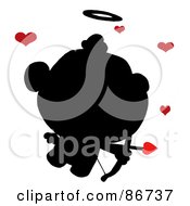 Poster, Art Print Of Black Silhouette Of Cupid With Red Hearts
