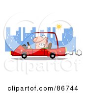 Grinning Man Driving A Red Car In The City