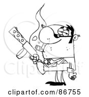 Royalty Free RF Clipart Illustration Of An Outlined Gangster Man Holding A Submachine Gun And Smoking A Cigar