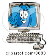 Water Drop Mascot Cartoon Character Waving From Inside A Computer Screen