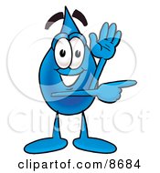 Clipart Picture Of A Water Drop Mascot Cartoon Character Waving And Pointing