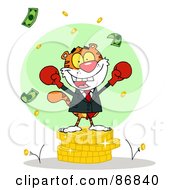 Poster, Art Print Of Victorious Tiger Character Wearing Boxing Gloves And Standing On A Stack Of Coins
