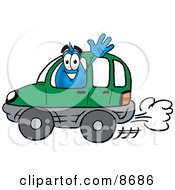 Water Drop Mascot Cartoon Character Driving A Green Car And Waving