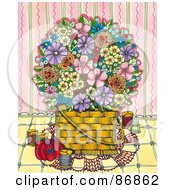 Poster, Art Print Of Basket Of Colorful Flowers With Sewing Items Against A Pink Wall