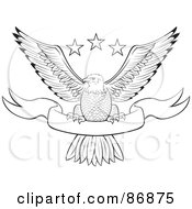 Poster, Art Print Of Black And White Outlined Bald Eagle With Stars And A Banner