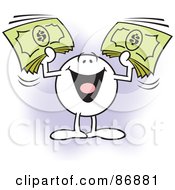 Moodie Character Holding Up Bundles Of Cash