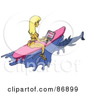 Royalty Free RF Clipart Illustration Of A Surfer Chick Getting A Shark Alert On A Laptop A Shark Below