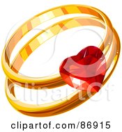 Royalty Free RF Clipart Illustration Of Golden His And Hers Wedding Bands With A Ruby Heart