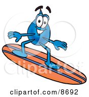 Poster, Art Print Of Water Drop Mascot Cartoon Character Surfing On A Blue And Orange Surfboard