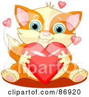 Poster, Art Print Of Cute Chubby Orange Kitten With Red And Pink Shiny Hearts