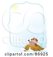 Poster, Art Print Of Cute Groundhog Emerging From His Hole And Looking Up At The Sun With A Blue Border And Copyspace