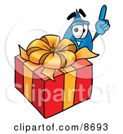 Poster, Art Print Of Water Drop Mascot Cartoon Character Standing By A Christmas Present