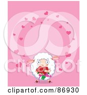 Poster, Art Print Of Sweet Sheep Carrying A Bouquet Of Red Roses On A Pink Circle Heart Background
