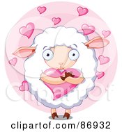 Poster, Art Print Of Cute And Sweet Sheep Hugging A Heart Over A Pink Circle Of Hearts
