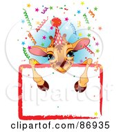 Poster, Art Print Of Adorable Giraffe Wearing A Party Hat And Looking Over A Blank Party Sign With Colorful Confetti