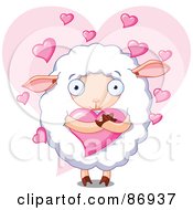 Poster, Art Print Of Romantic Sheep Hugging A Heart Over A Pink Heart