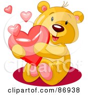 Poster, Art Print Of Romantic Teddy Bear With Shiny Pink And Red Hearts