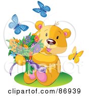 Poster, Art Print Of Butterflies Around A Sweet Teddy Bear Holding A Colorful Flower Bouquet