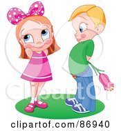 Royalty Free RF Clipart Illustration Of A Blond Boy Holding A Tulip Flower Behind His Back As A Girl Blushes
