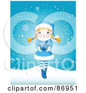 Poster, Art Print Of Cute Blond Winter Girl Dressed In Blue Holding A Snowflake In Her Hands