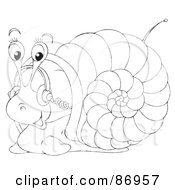 Royalty Free RF Clipart Illustration Of An Outlined Snail Listening To Music Through Headphones