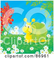 Poster, Art Print Of Cute Yellow And Green Snail Surrounded By Flowers