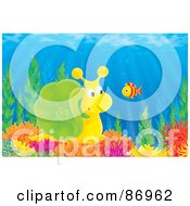 Poster, Art Print Of Cute Yellow And Green Snail Watching A Fish On A Coral Reef