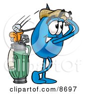 Water Drop Mascot Cartoon Character Swinging His Golf Club While Golfing