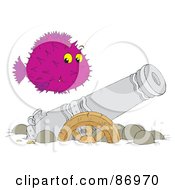 Poster, Art Print Of Purple Blowfish Over A Sunken Canon