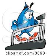 Water Drop Mascot Cartoon Character Walking On A Treadmill In A Fitness Gym
