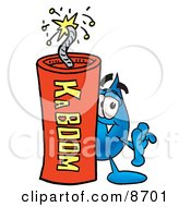 Water Drop Mascot Cartoon Character Standing With A Lit Stick Of Dynamite by Mascot Junction