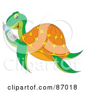 Poster, Art Print Of Chatty Sea Turtle Holding A Cell Phone