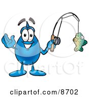 Water Drop Mascot Cartoon Character Holding A Fish On A Fishing Pole