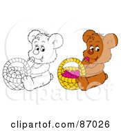 Royalty Free RF Clipart Illustration Of A Digital Collage Of Colored And Black And White Bear Eating Berries From A Basket