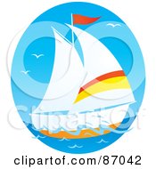 Royalty Free RF Clipart Illustration Of An Oval Scene Of Gulls And A Sailboat