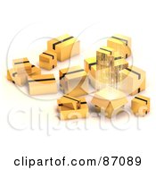 Poster, Art Print Of Group Of Various 3d Gold Shipping Boxes One With Bright Light
