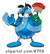 Clipart Picture Of A Water Drop Mascot Cartoon Character Holding A Red Rose On Valentines Day