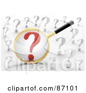 Royalty Free RF Clipart Illustration Of A 3d Golden Magnifying Glass Viewing A Red Question Mark In A Crowd Of White Ones by Tonis Pan