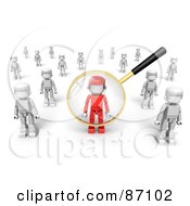 3d Golden Magnifying Glass Viewing A Red Man In A Crowd Of White Ones