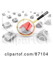 Royalty Free RF Clipart Illustration Of A 3d Golden Magnifying Glass Viewing A Red House In A Crowd Of White Ones by Tonis Pan #COLLC87104-0042
