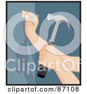 Royalty Free RF Clipart Illustration Of A Caucasian Womans Hands Preparing To Hammer A Nail Into A Blue Wall
