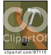 Royalty Free RF Clipart Illustration Of An Indian Womans Hands Preparing To Hammer A Nail Into A Green Wall by Rosie Piter