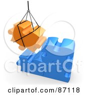 3d Rendered Orange Puzzle Piece Hoisted And Preparing To Connect To Blue Pieces